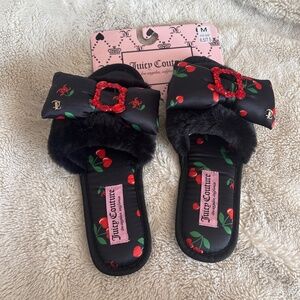 Juicy Couture Cherry Print Slippers – Size M (6.5–7.5) | NWT | Cozy Plush Slides